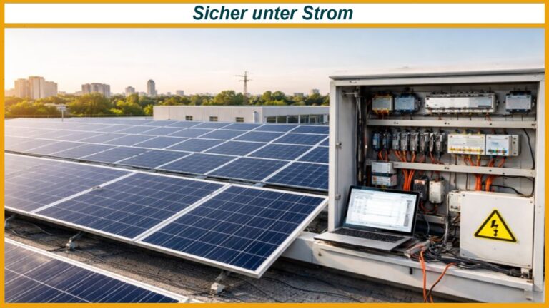 PV-Module auf Flachdach, offener Schaltkasten mit orangen Kabeln, Laptop und Hochvolt-Warnschild, Stadt im Hintergrund.