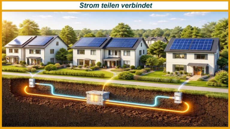 Drei Häuser mit Solarpanelen und unterirdisch verbundenen Speicherstationen, blau/orange Leitungen; oben Strom teilen verbindet