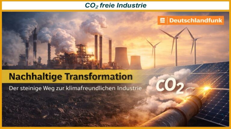 Kontrastbild mit rauchenden Fabrikschornsteinen links, Windrädern und Solarmodulen rechts, CO2‑Schriftzug und Titel Nachhaltige Transformation