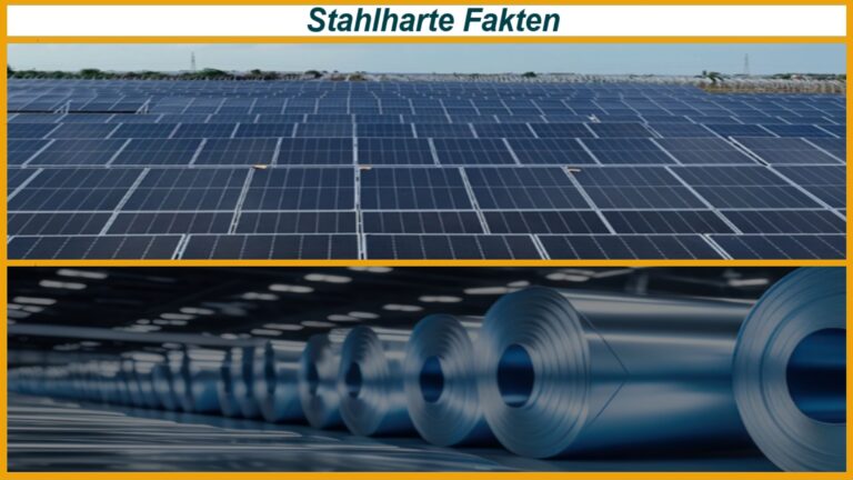 Oben Photovoltaikanlage von ArcelorMittal, unten Stahlproduktion mit großen Stahlrollen in Werkhalle.