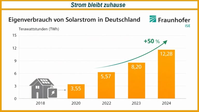 Balkendiagramm: Eigenverbrauch von Solarstrom in Deutschland — 3,55 (2020), 5,57 (2022), 8,20 (2023), 12,28 (2024), +50%.