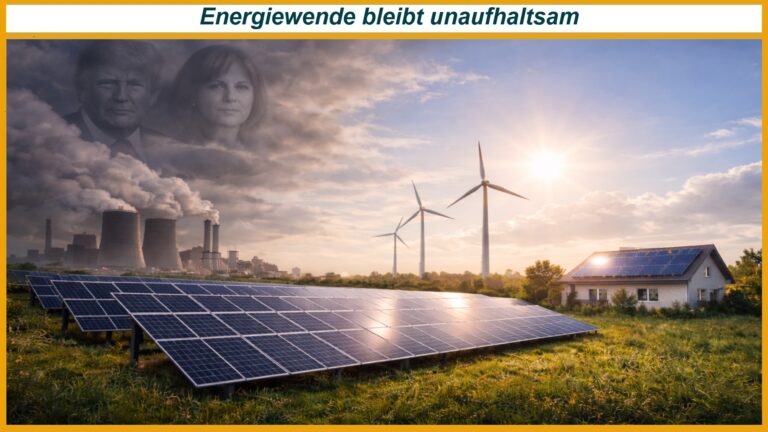 Solar- und Windenergieanlagen vor rauchender Fabrik, Gesichter in den Wolken; Slogan: Energiewende bleibt unaufhaltsam