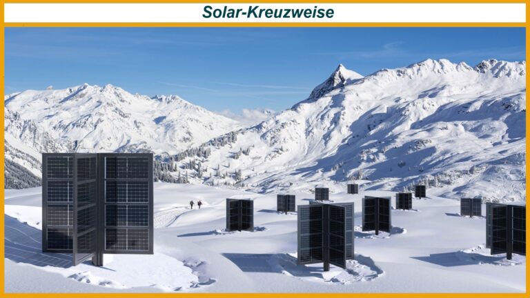 Kreuzweise stehende Solarmodule im tiefen Schnee vor Alpengipfeln, zwei Skitourengeher in der Ferne.