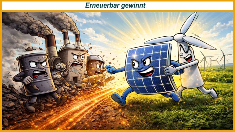 Karikatur zeigt Solar- und Windenergie, die fossile Kraftwerke symbolisch verdrängen.