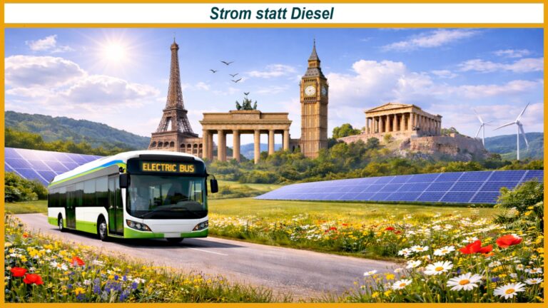 Elektrischer Stadtbus fährt durch europäische Landschaft mit Photovoltaikfeldern, Windenergieanlagen und bekannten Wahrzeichen im Hintergrund.