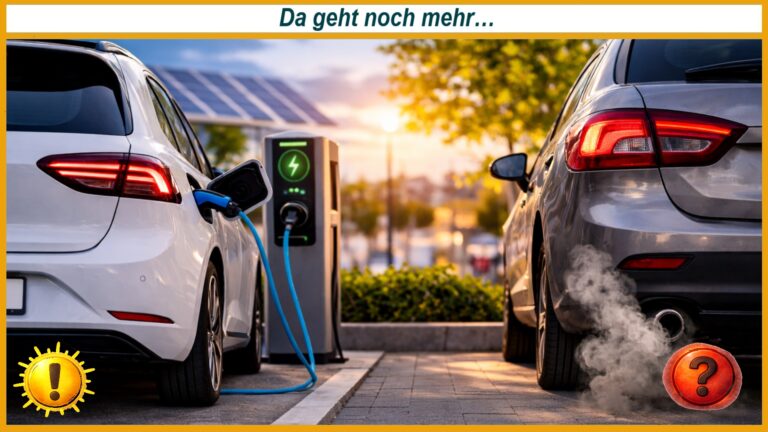Vergleich zwischen Elektroauto an Ladestation und Auto mit Auspuffrauch als Symbol für unterschiedliche Antriebstechnologien.