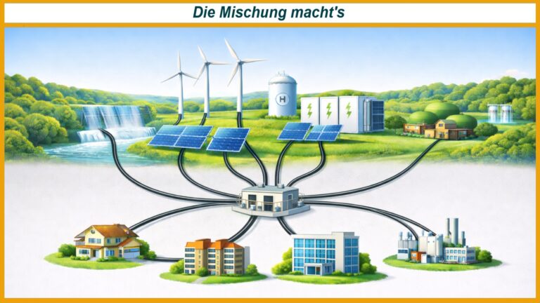 Grafik eines vernetzten Energiemixes aus Photovoltaik, Windkraft, Wasserkraft, Biogas und Energiespeicher für stabile Versorgung.