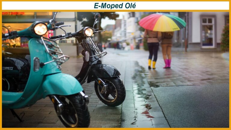 Zwei Elektroroller stehen am Rand einer Fußgängerzone, während Menschen mit Regenschirmen durch die Straße gehen.