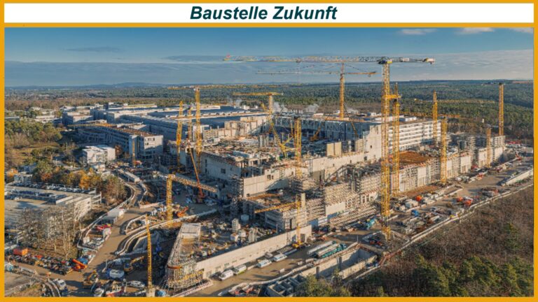 Baustelle der Chipfabrik von infineon in Dresden mit Kränen steht für Industrie und Energiewende im Aufbau