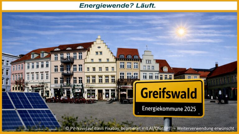 Historische Altstadt von Greifswald mit Photovoltaik und Ortsschild zeigt erfolgreiche Energiewende in der Stadt