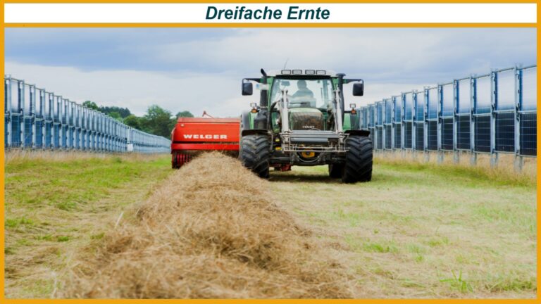 Traktor fährt zwischen vertikalen Solarmodulen und zeigt landwirtschaftliche Nutzung bei Agri Photovoltaik