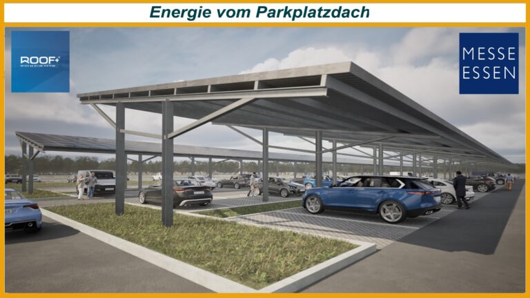 Solarüberdachter Parkplatz mit Logos von roof+s und Messe Essen, Symbol für Energiewende und Photovoltaik-Projekt.