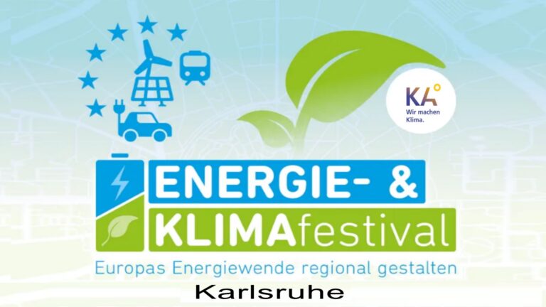 Logo des Energie- & Klimafestivals: grünes Blatt, Symbole für Wind, Solar, E‑Auto und Zug, Slogan und Karlsruhe