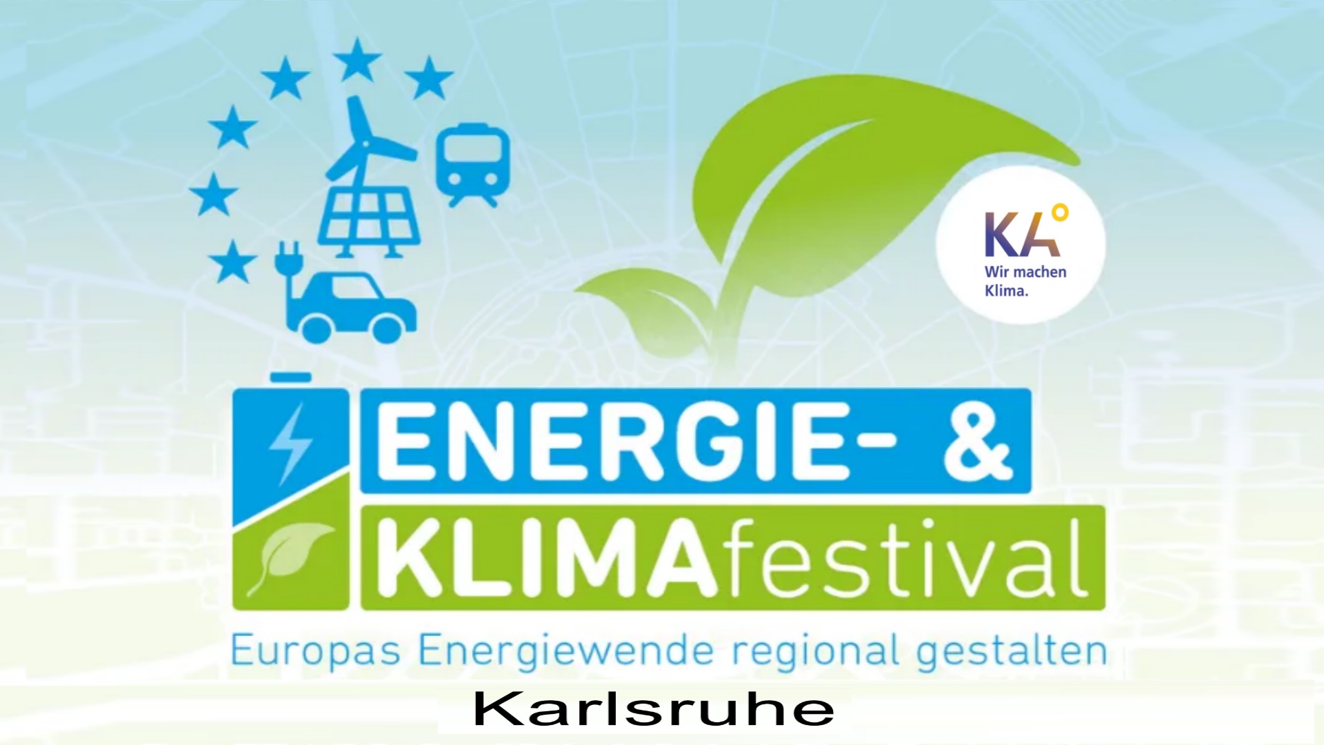 Logo des Energie- & Klimafestivals: grünes Blatt, Symbole für Wind, Solar, E‑Auto und Zug, Slogan und Karlsruhe