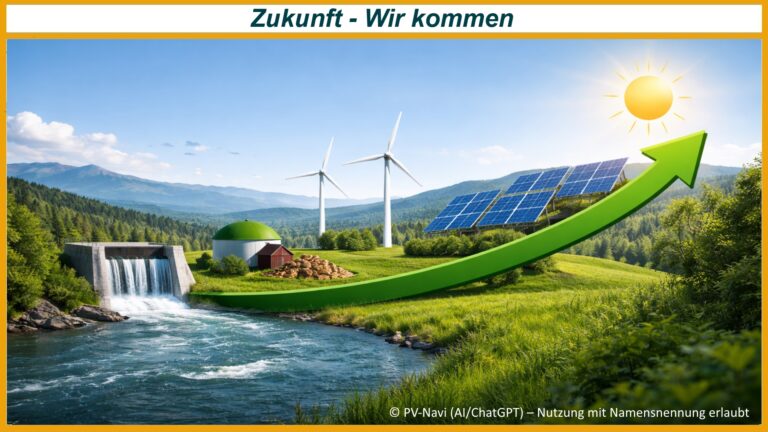 Landschaft mit Wasser, Bio, Wind und Photovoltaik, ergänzt durch aufsteigenden Pfeil als Symbol für Wachstum.