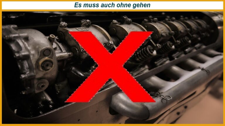 Das Bild zeigt einen Verbrenenrmotor, der mit enem roten X durchgestrichen ist.