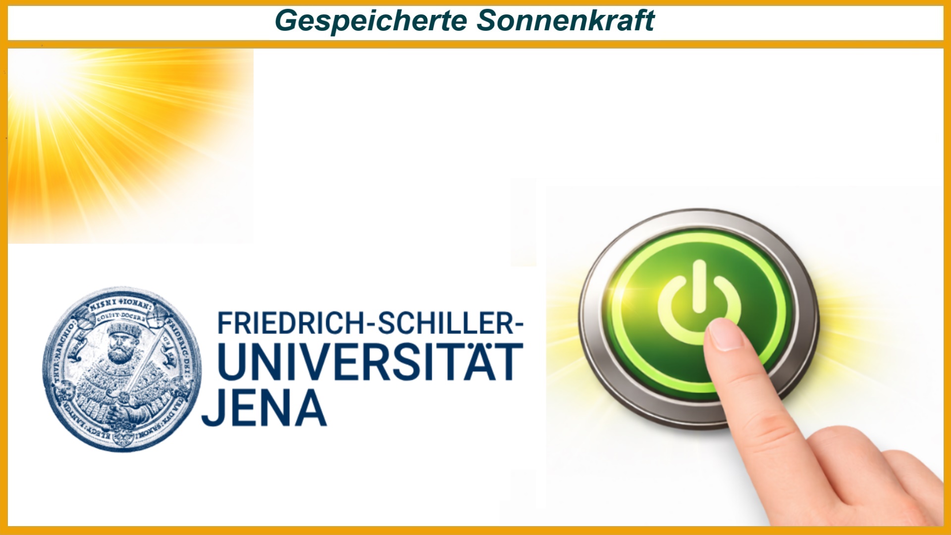 Viertel Sonne strahlt ins Bild und Knopfdruck symbolisiert Energiespeicher durch Photovoltaik in der Energiewende