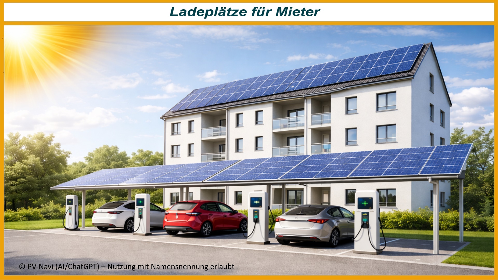 Mehrfamilienhaus mit Photovoltaik und Ladeinfrastruktur zeigt Energiewende und Nutzung von Solarenergie für Elektroautos