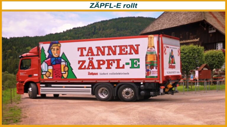 Elektrischer LKW der Rothaus Brauerei liefert Tannenzäpfle im Schwarzwald emissionsfrei an Gaststätte