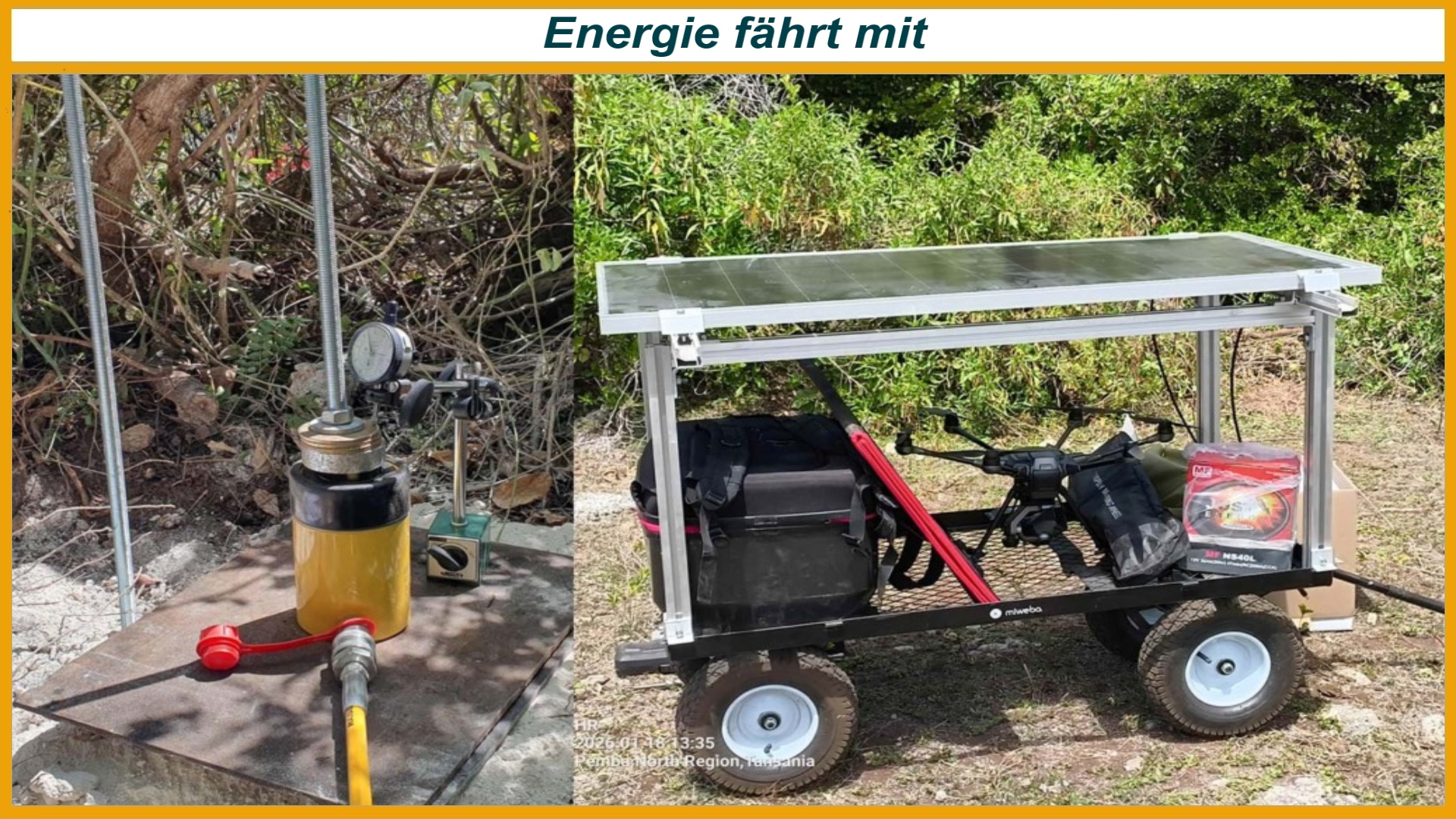 Bohrstelle in Tansania mit mobilem Handwagen mit Photovoltaik zur Energieversorgung vor Ort
