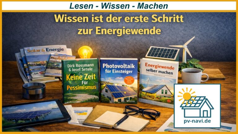 Büchertisch mit Literatur zur Energiewende und Photovoltaik steht für Wissen als Grundlage für eigenes Handeln