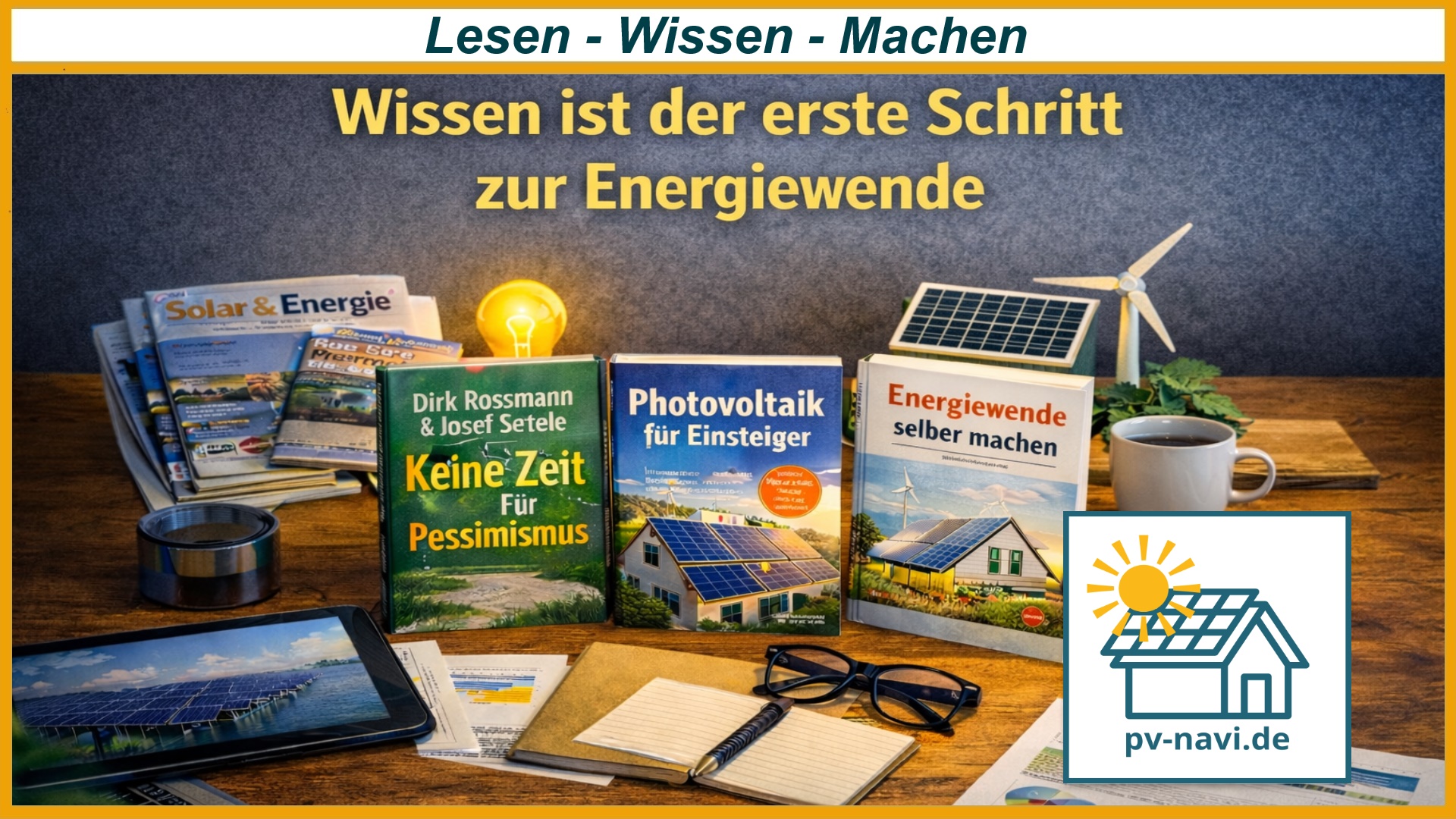 Büchertisch mit Literatur zur Energiewende und Photovoltaik steht für Wissen als Grundlage für eigenes Handeln
