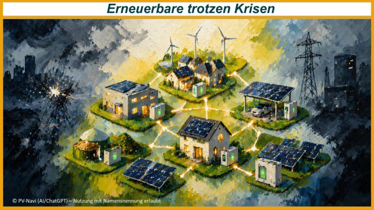 Dezentrale erneuerbare Energien mit Photovoltaik und Speichern als krisenfestes und stabiles Stromsystem dargestellt