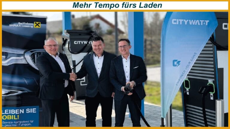 Drei Vertreter von Citywatt und Raiffeisen Impuls Leasing bei Partnerschaft zur Ladeinfrastruktur für Elektromobilität