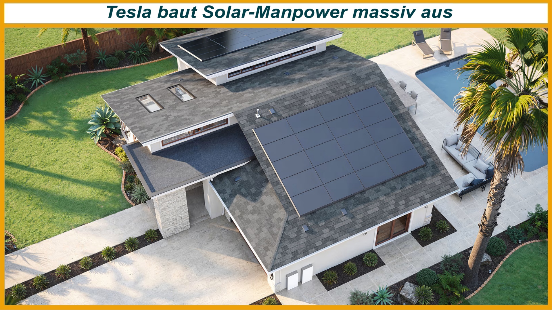 Luftaufnahme eines Hausdachs mit Tesla Photovoltaikmodulen zur Solarstromerzeugung in Wohngebäuden