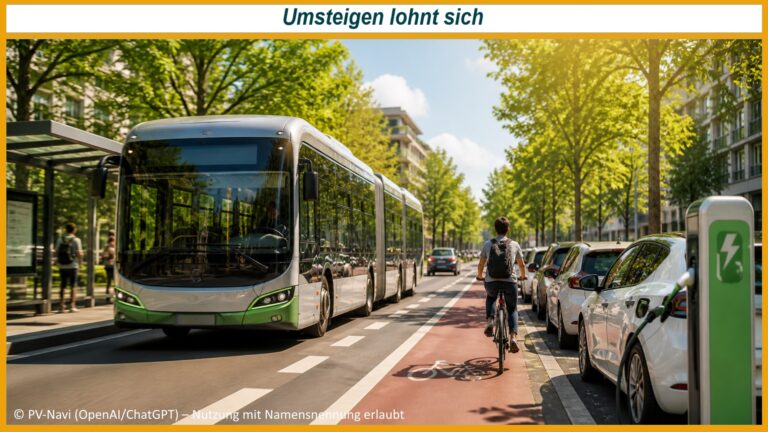 Schnellbus, Radverkehr und Elektroautos im Stadtbild zeigen konkrete Maßnahmen für weniger CO2 im Verkehr.