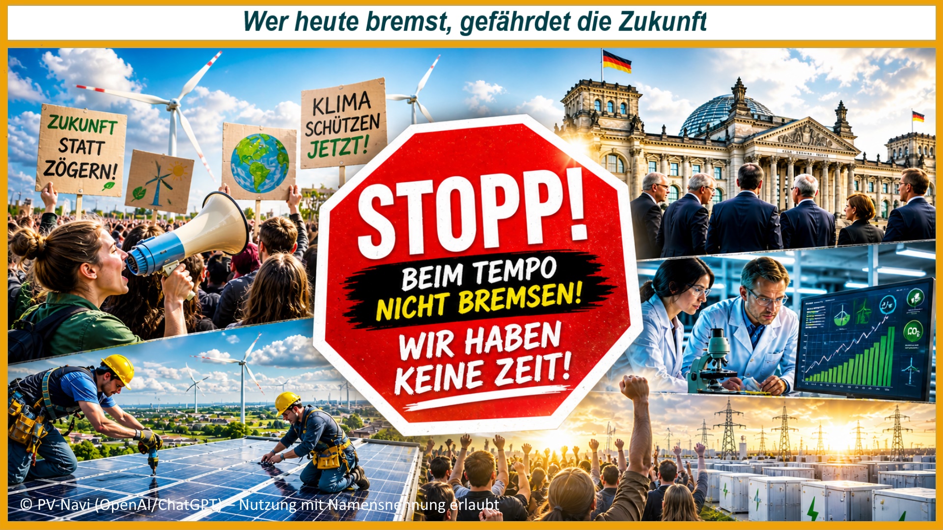 Stoppschild symbolisiert politischen Stillstand, während Gesellschaft, Wissenschaft und Industrie die Energiewende vorantreiben