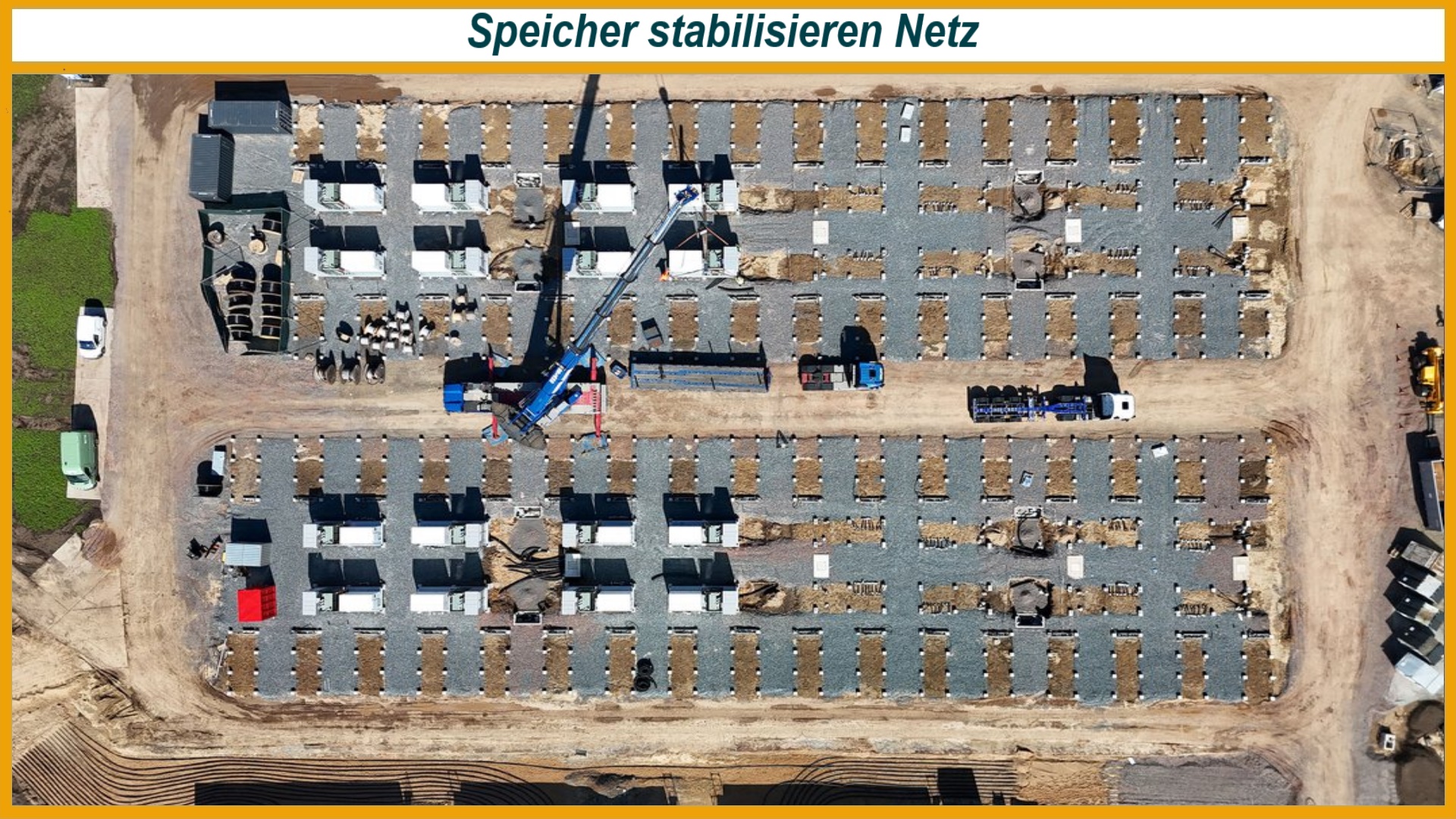 Luftbild zeigt Baustelle eines großen Batteriespeichers mit Containern und Infrastruktur für die Energiewende