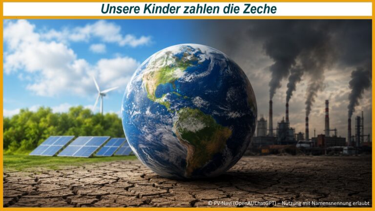 Erde zwischen erneuerbaren Energien und Industrie symbolisiert Ressourcenverbrauch und Folgen für kommende Generationen