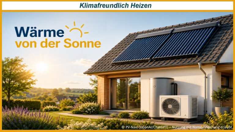 Modernes Wohnhaus mit Solarthermie auf dem Dach und Wärmepumpe für klimafreundliches Heizen