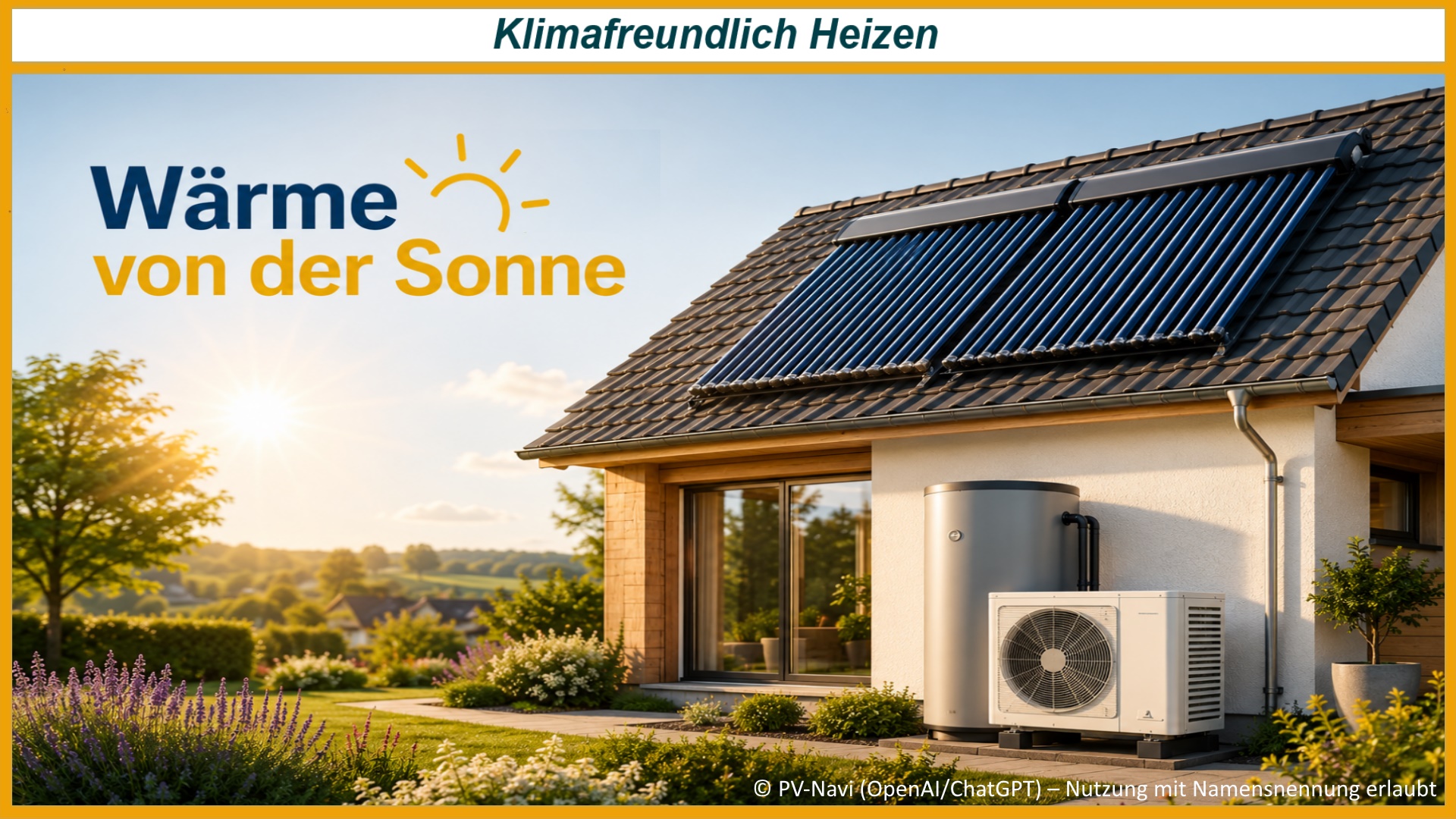 Modernes Wohnhaus mit Solarthermie auf dem Dach und Wärmepumpe für klimafreundliches Heizen