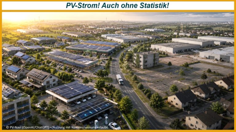 Luftbild eines Wohn und Gewerbegebiets mit teilweise ausgebauter Photovoltaik auf Dächern, Carports und Gebäuden als Symbol für die fortschreitende Energiewende
