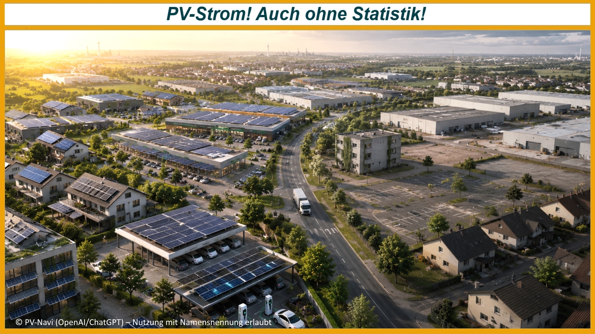 Luftbild eines Wohn und Gewerbegebiets mit teilweise ausgebauter Photovoltaik auf Dächern, Carports und Gebäuden als Symbol für die fortschreitende Energiewende