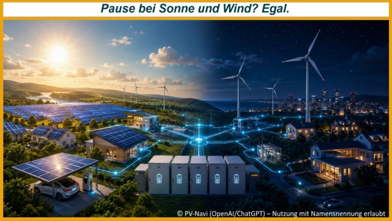 Illustration eines vernetzten Energiesystems mit Photovoltaik, Windkraft und Batteriespeichern bei Tag und Nacht