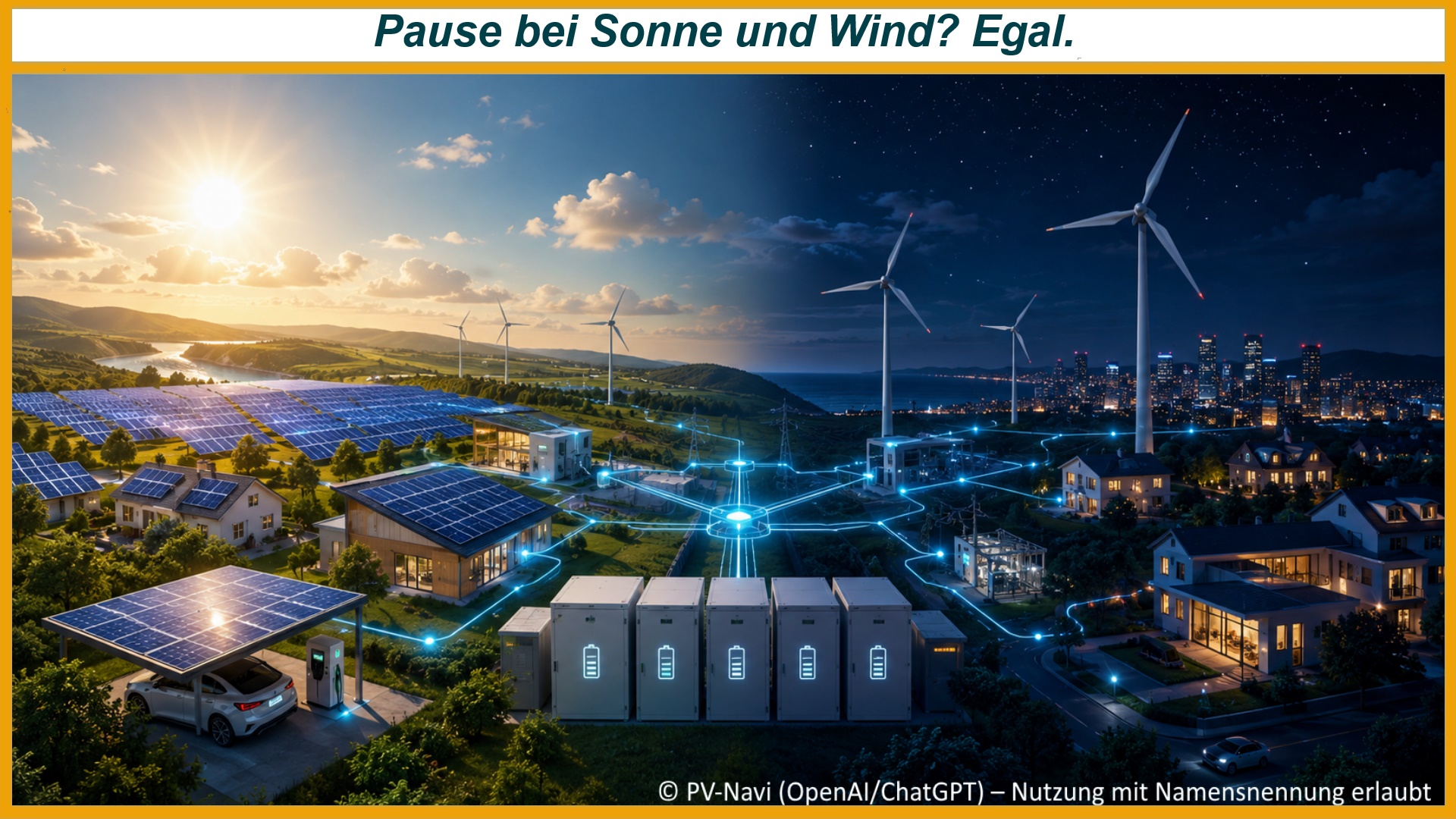 Illustration eines vernetzten Energiesystems mit Photovoltaik, Windkraft und Batteriespeichern bei Tag und Nacht