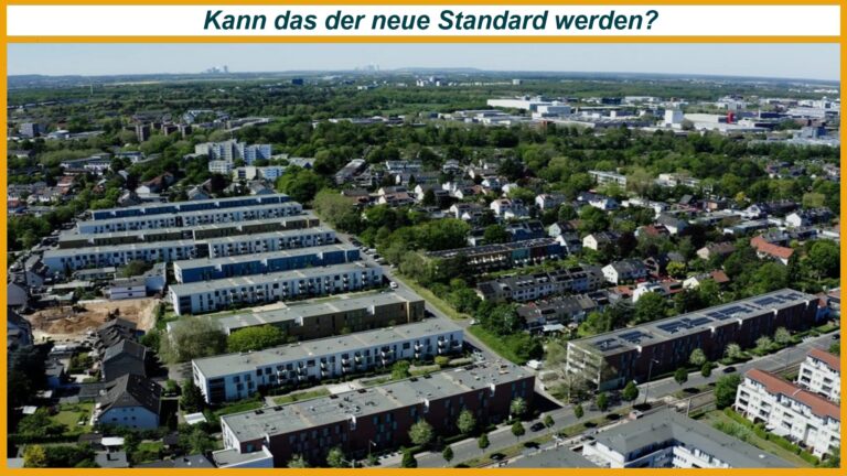 Luftaufnahme des Mieterstromprojekts in den Ossendorfer Gartenhöfen in Köln mit Photovoltaikanlagen auf mehreren Wohngebäuden