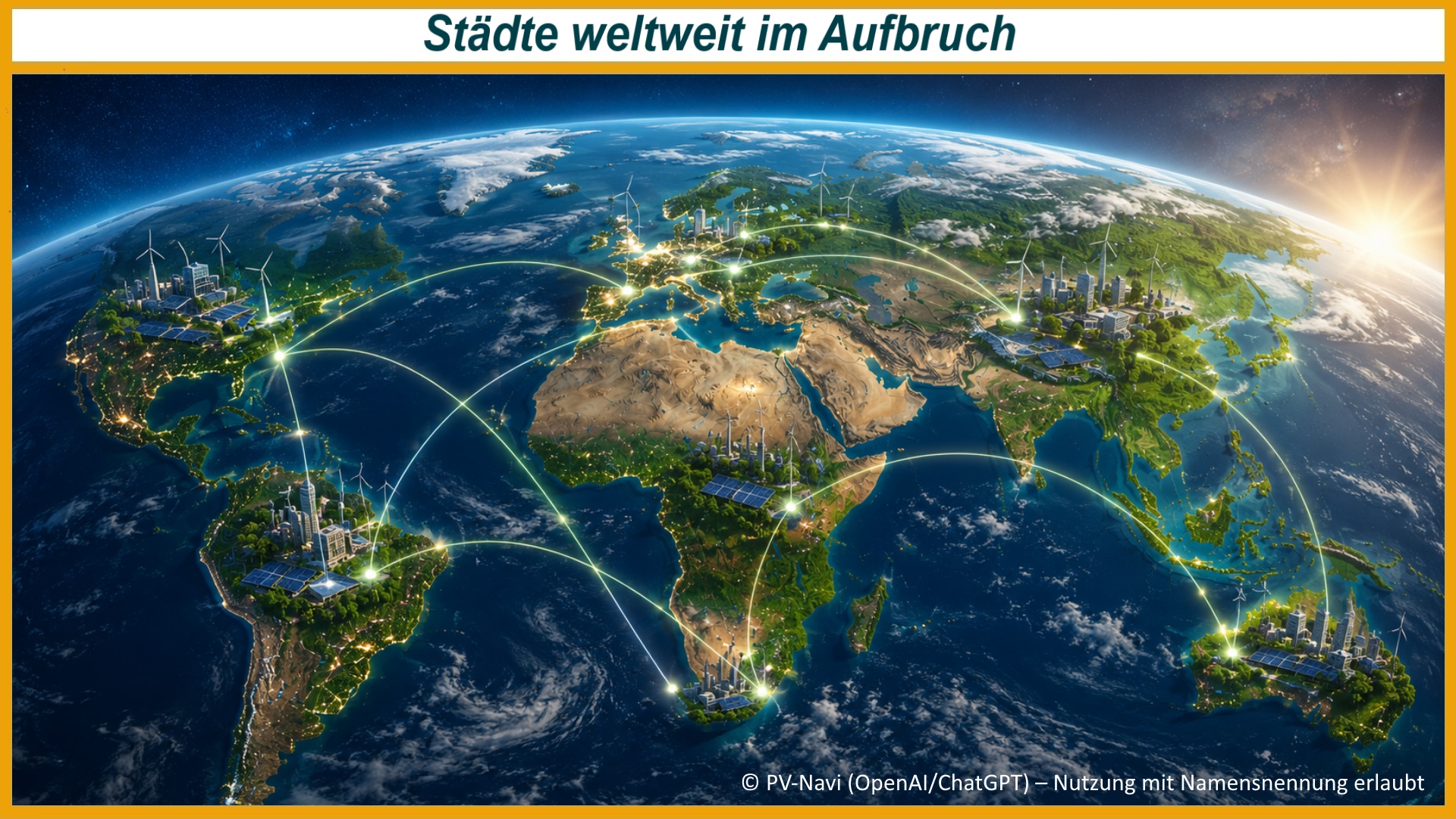 Globale Darstellung einer vernetzten Erde mit nachhaltigen Städten, erneuerbaren Energien und klimaresistenter Stadtentwicklung