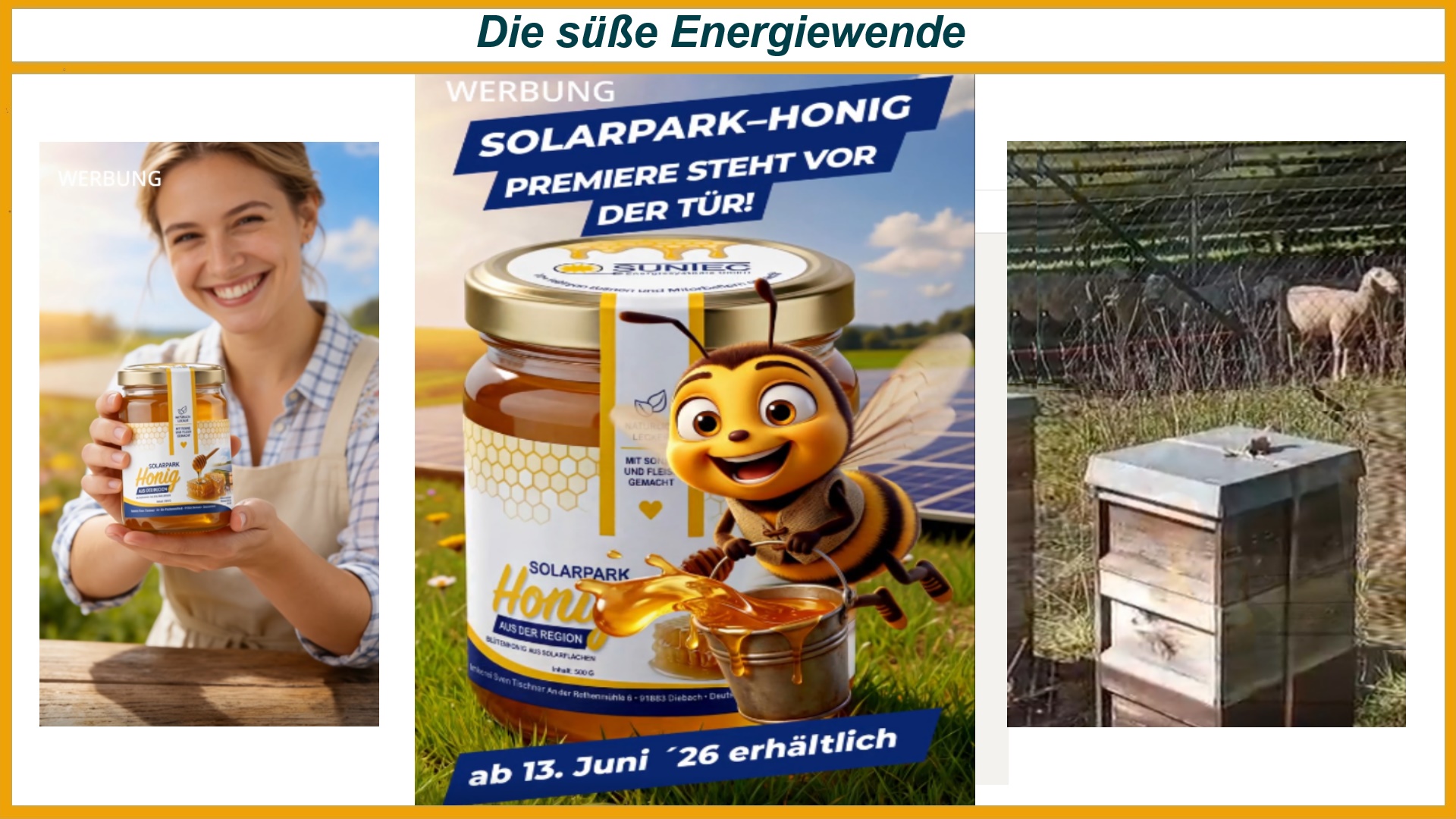 Collage mit Honigglas, Bienenmotiv, Imkerprodukt und Bienenstock in einem Solarpark als Beispiel für Biodiversität und Photovoltaik