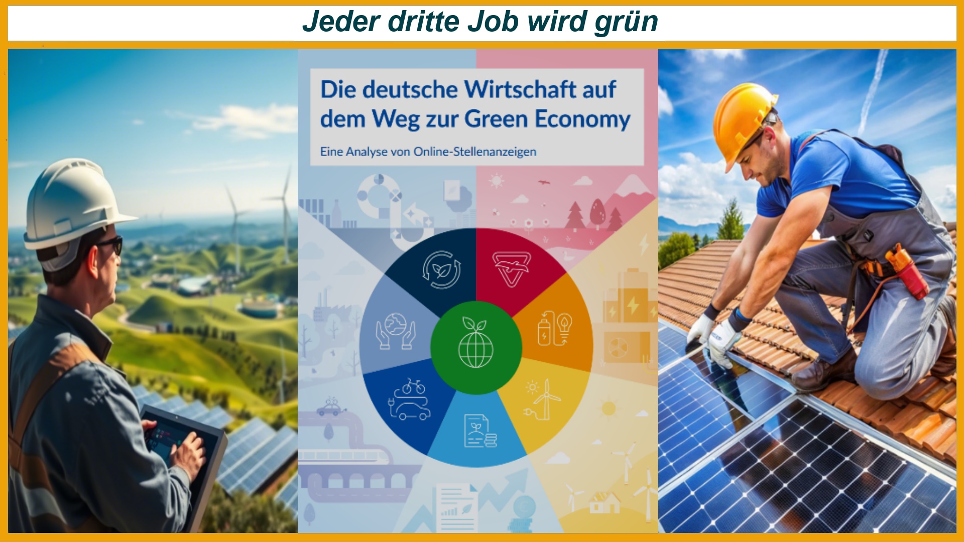 Titelbild einer Studie zur Green Economy, ergänzt durch einen Solarteur bei der Montage einer Photovoltaikanlage und eine Fachkraft mit Blick auf Windenergieanlagen