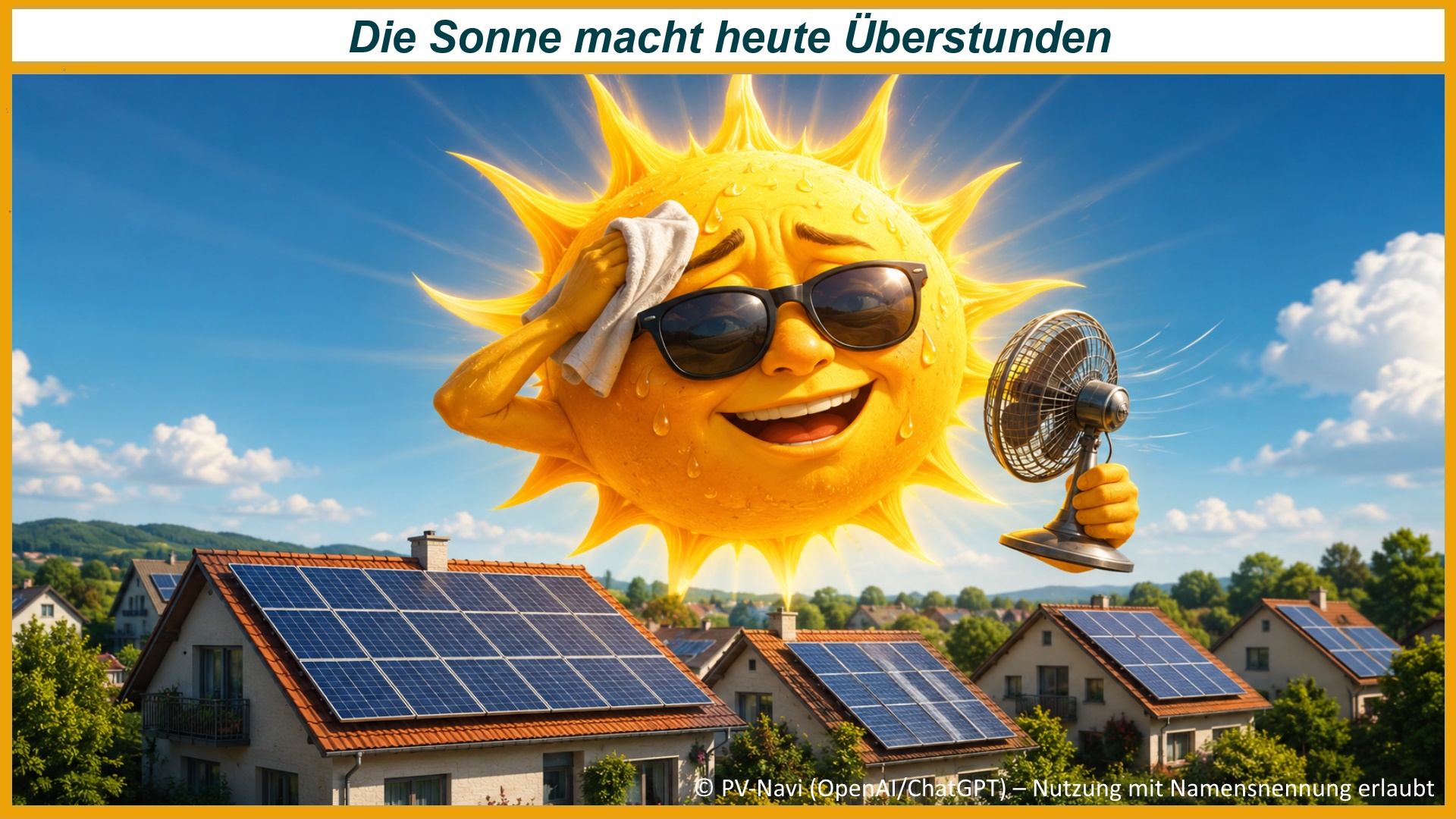 Humorvolle Darstellung einer schwitzenden Sonne über Photovoltaikdächern am längsten und hellsten Tag des Jahres