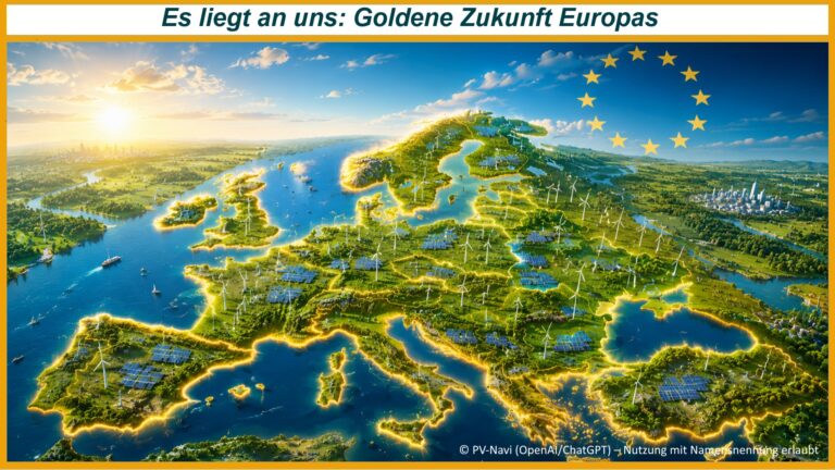 Illustrative Europakarte mit Solarenergie, Windkraft und goldenen Konturen als Symbol der Energiewende