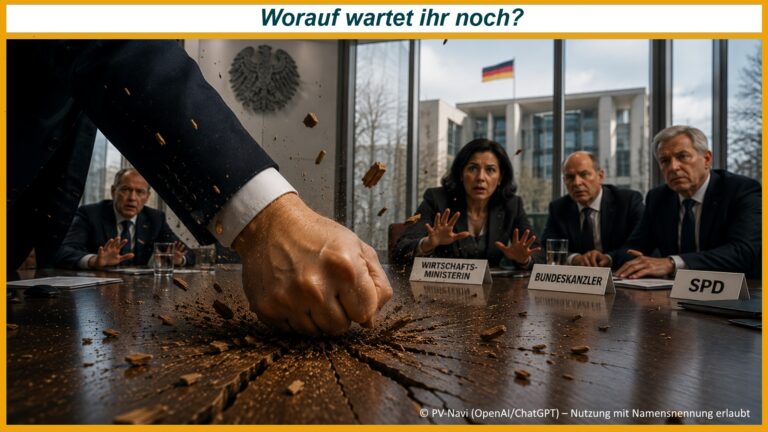 Symbolisches Bild einer Regierungssitzung mit kraftvollem Faustschlag auf den Tisch als Appell für entschlossenes Handeln bei der Energiewende
