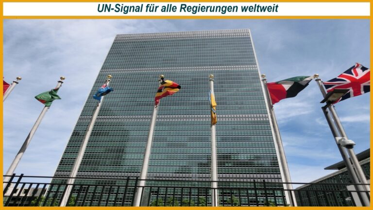 UN Hauptquartier mit zahlreichen Landesflaggen als Symbol internationaler Verantwortung für Klimaschutz und Energiewende.