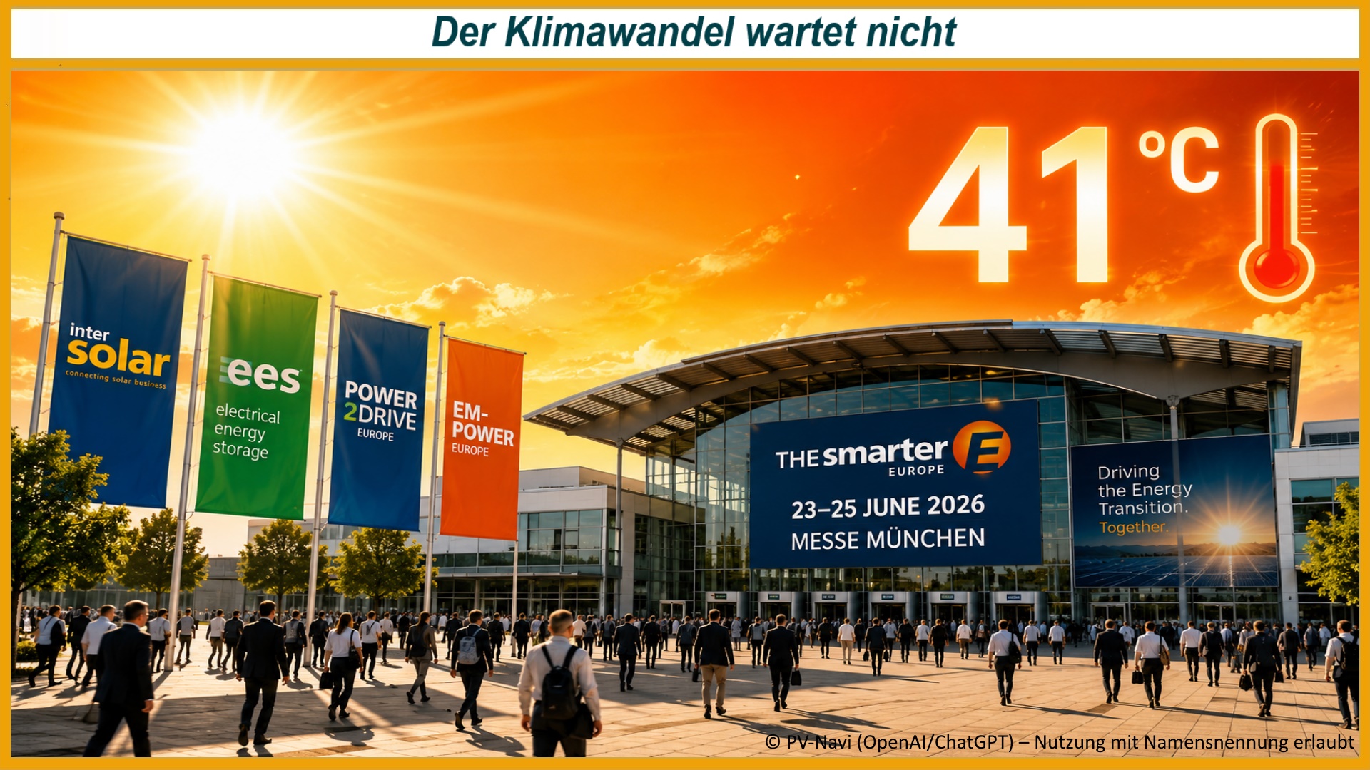 Besucher strömen bei großer Hitze zur The smarter E Europe mit ihren vier Fachmessen in München.