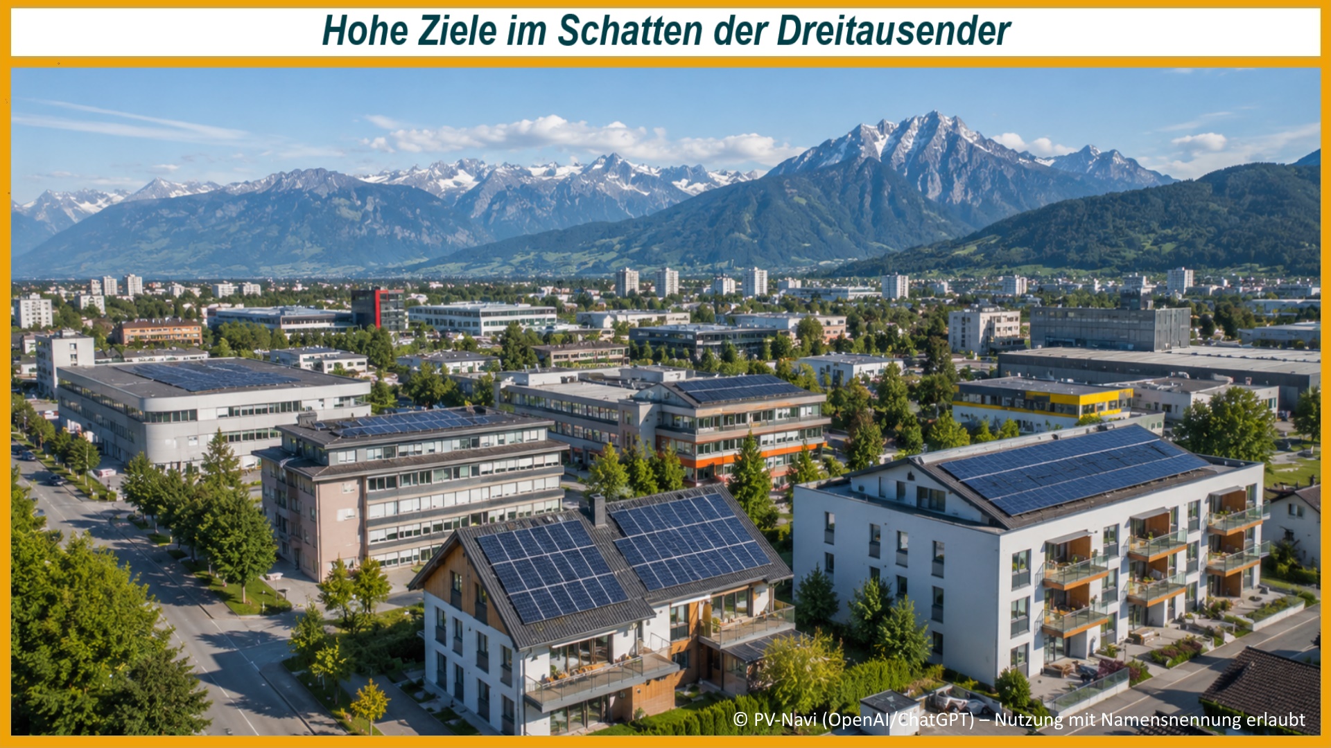 Photovoltaikanlagen auf Wohn und Gewerbegebäuden vor Alpenkulisse stehen für den beschleunigten Ausbau erneuerbarer Energien.