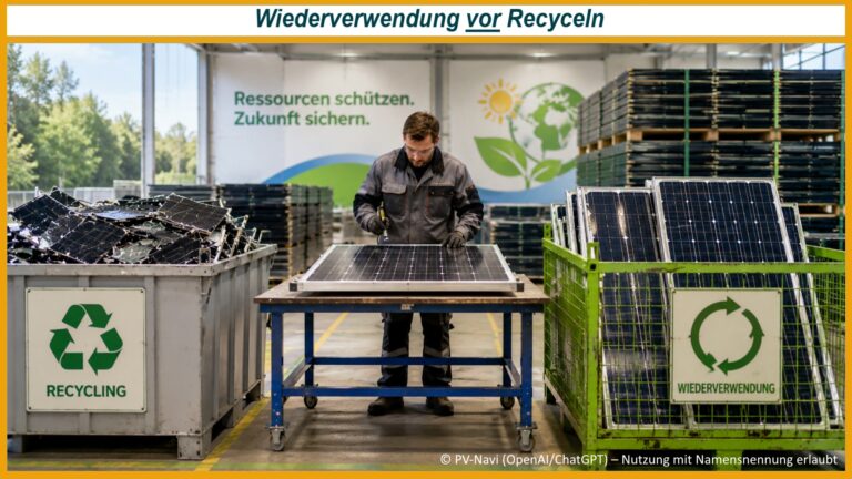 Techniker prüft gebrauchte Photovoltaikmodule und sortiert sie für Wiederverwendung oder Recycling nach ihrem Zustand.